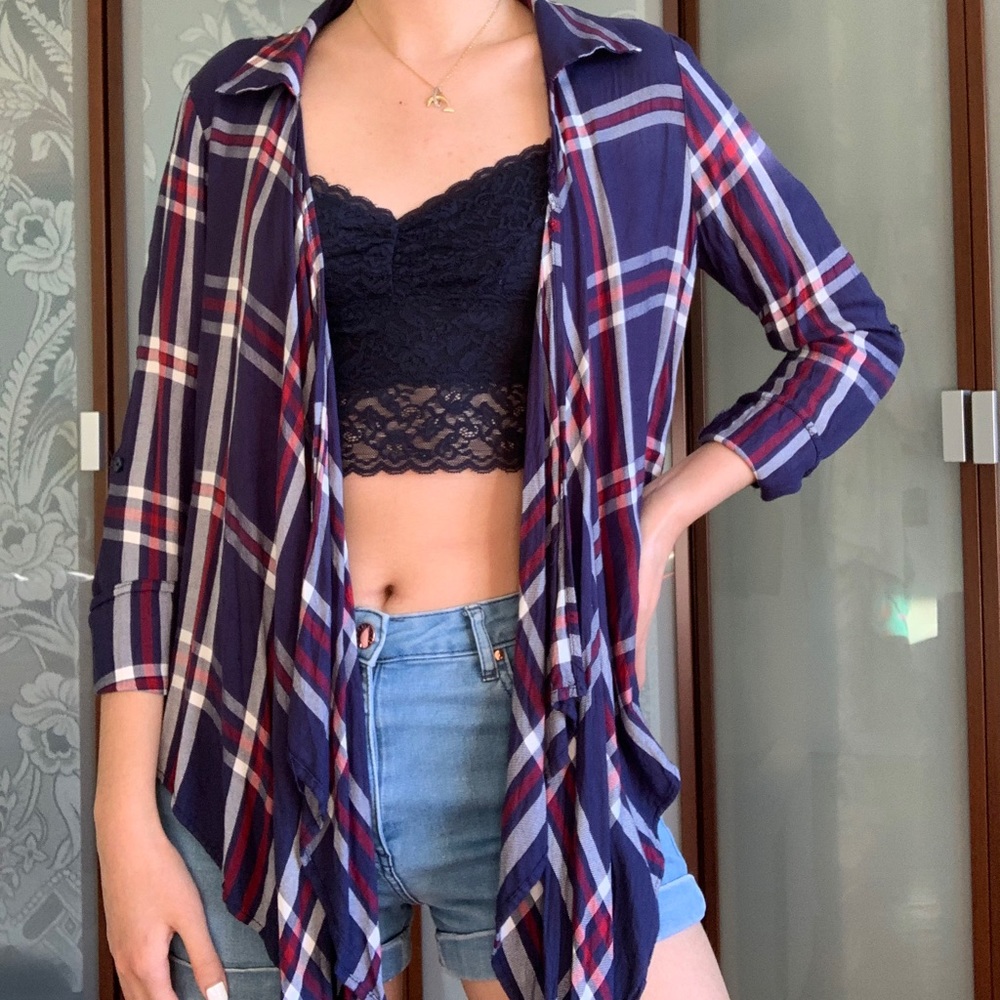 Navy & Burgundy Open Flannel Shirt